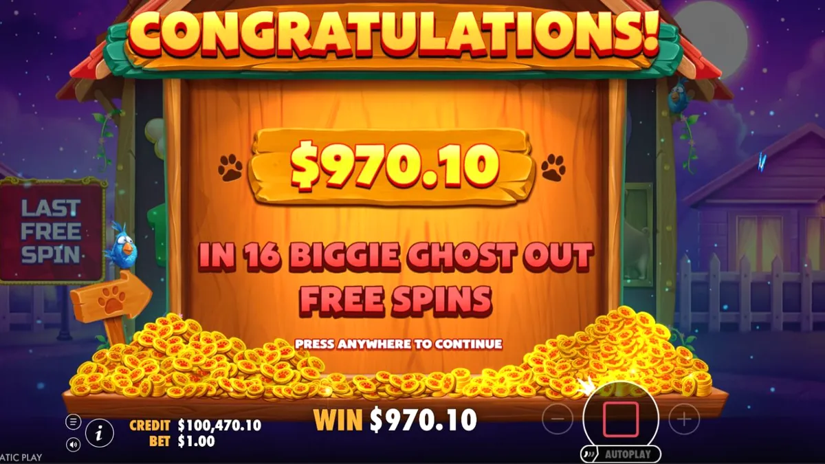 Tampilan visual slot The Big Dog House dengan karakter anjing yang ceria di latar belakang halaman belakang.